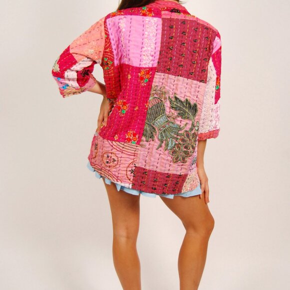 90s Embroidered Jacket (L) large pink coat patchwork vintage quilt paisley boho - Picture 7 of 10